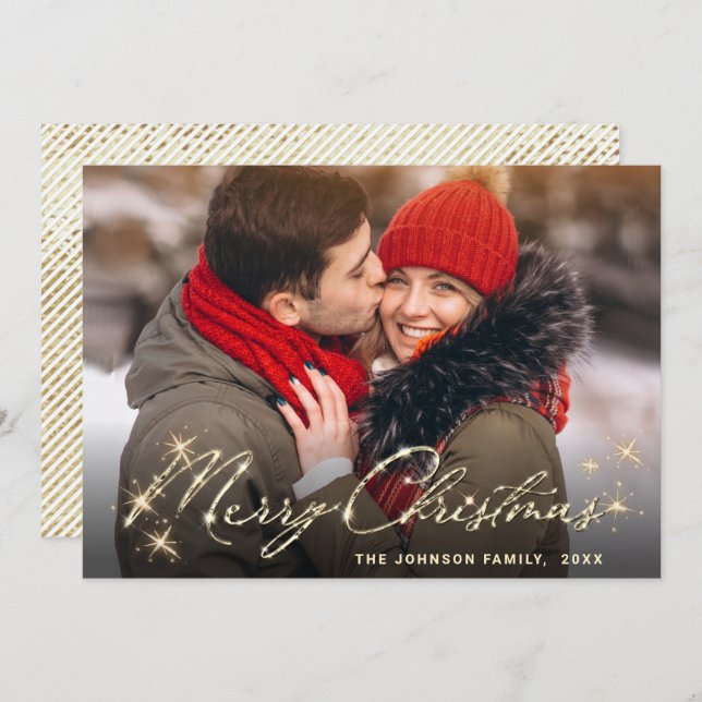 Cartão De Festividades Saudação da FOTO de Natal do Ouro Moderno (Frente/Verso)