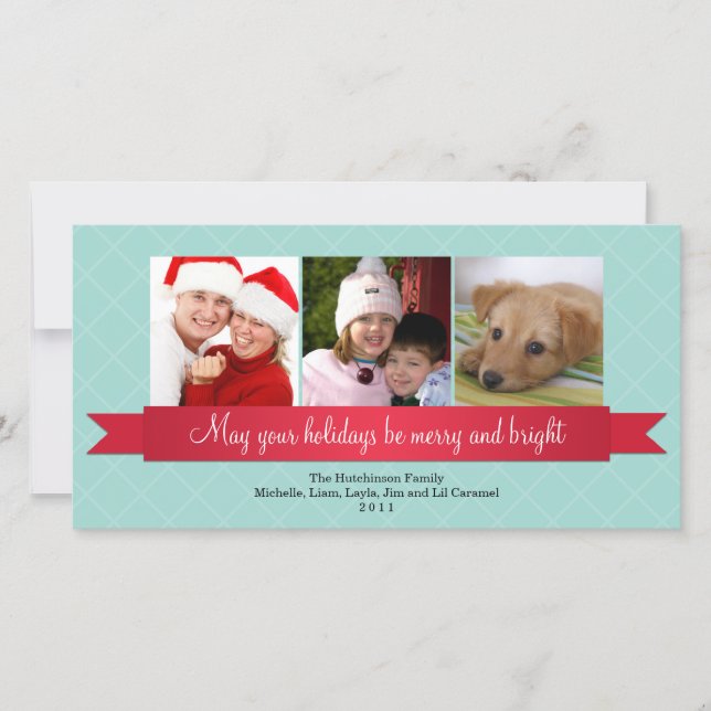 Cartão De Festividades Saudação da trama azul-de-fita-base vermelha-feria (Frente)