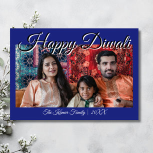 Cartão De Festividades Saudação de Diwali Feliz em Foto Luxo Azul Meia-No