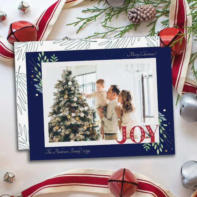 Cartão De Festividades Saudação de Foto da Família de Joias Botânicas Ele (Elegant Botanical Xmas Joy Family Photo Greeting Holiday Card)