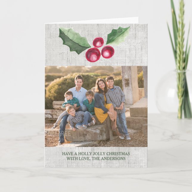 Cartão De Festividades Saudação de Foto de Feriado Bruche Holly e Berries (Frente)