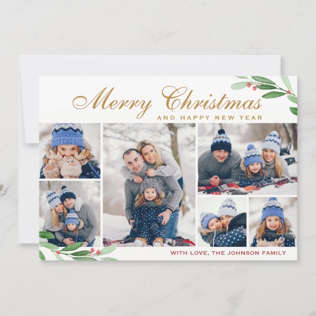 Cartão De Festividades Saudação de Holly Berry 6 PHOTO Collage (Frente)