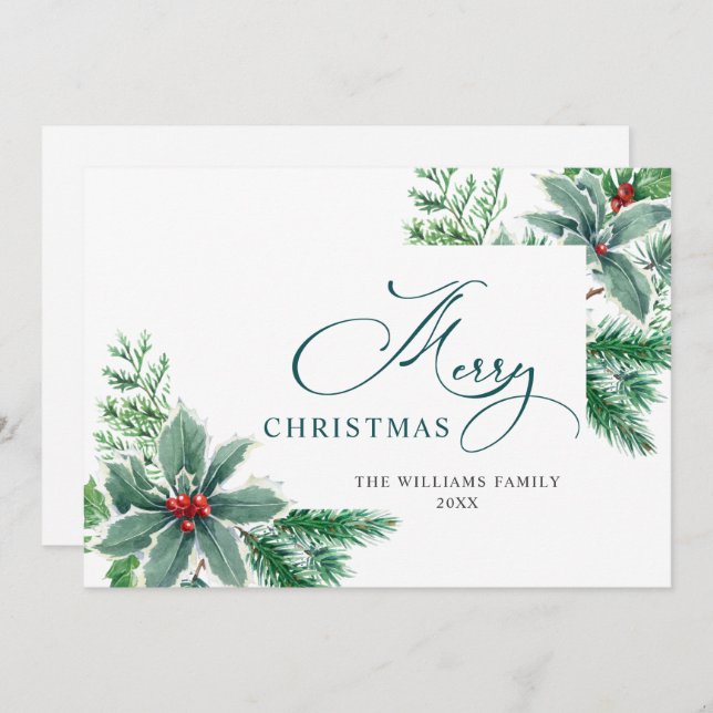 Cartão De Festividades Saudação de Natal com Aquarela Festiva de Folhas e (Frente/Verso)