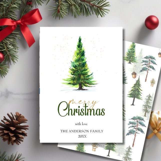 Cartão De Festividades Saudação de Natal da Árvore Elegante de Aquarela (Watercolor Elegant Pine Tree Christmas Greeting Holiday Card)
