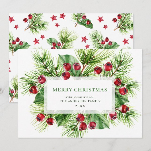 Cartão De Festividades Saudação de Natal da Baga do Azevinho Festivo (Frente/Verso)