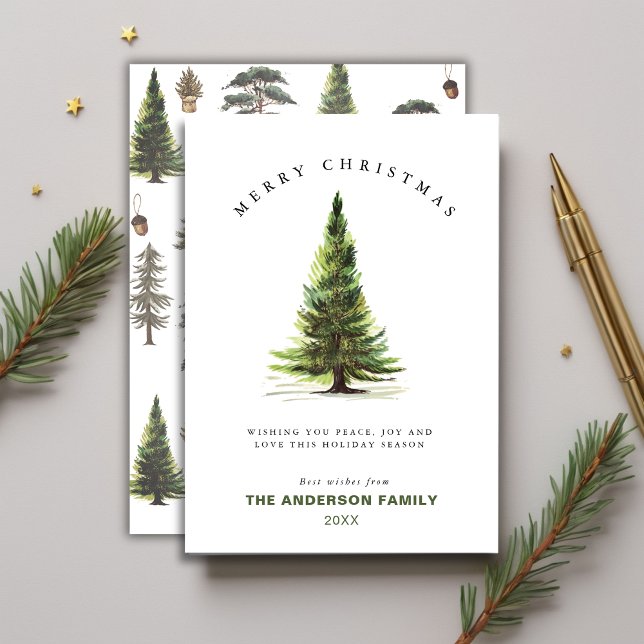 Cartão De Festividades Saudação de Natal da Pinheira de Aquarela Minimali (Minimalist Watercolor Pine Tree Christmas Greeting Holiday Card)