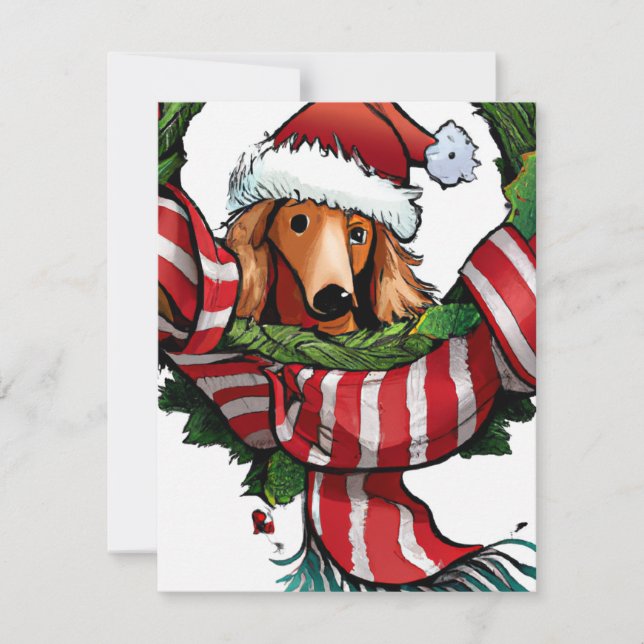 Cartão De Festividades Saudação de Natal de Dachshund e Wreath (Frente)