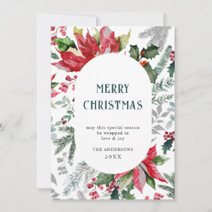 Cartão De Festividades Saudação de Natal Elegante Poinsettia e Visco