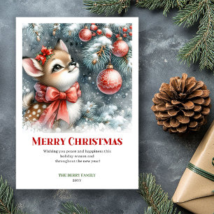 Cartão De Festividades Saudação de Natal em Aquarela Fawn Snowy Silencios