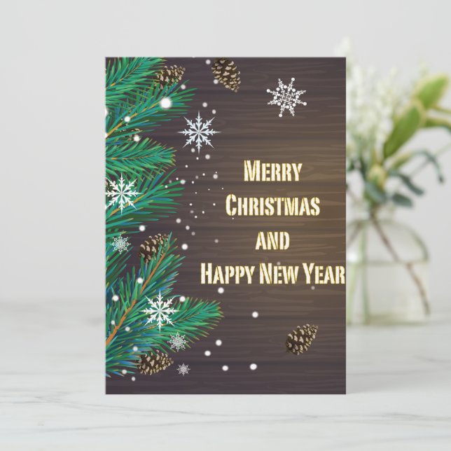 Cartão De Festividades Saudação de Natal em um fundo de madeira  (Em pé/Frente)