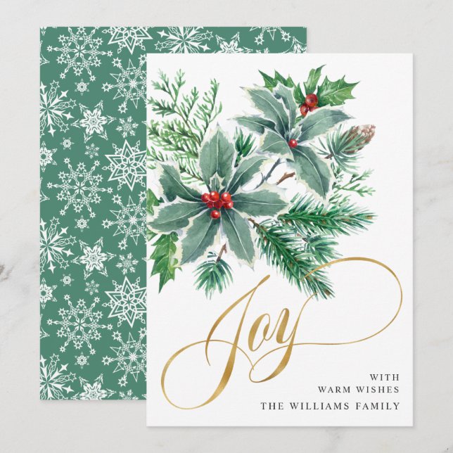 Cartão De Festividades Saudação de Natal JOY Holly Berry Branch (Frente/Verso)