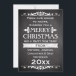 Cartão De Festividades Saudação de Natal Personalizada para o Rustic Slat<br><div class="desc">Personalize este cartão de feriado legal com seu nome e ano. O tema do conselho negro de tabuleiro,  russo e vintage,  é excelente de celebração. cinzas de carvão negro e fundo preto com letras de giz branco e decos temáticos antigos.</div>