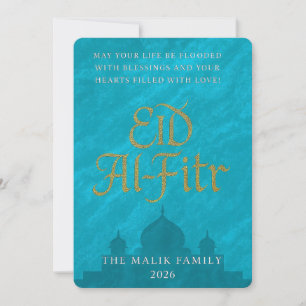 Cartão De Festividades Saudação Eid Al-Fitr do Script Teal e Dourado