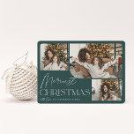 Cartão De Festividades Saudação Festiva | Foto de Natal mais feliz<br><div class="desc">Nosso design de cartão festivo e elegante é a maneira perfeita de mostrar três de suas fotos de família favoritas. A design horizontal ou orientada para a paisagem apresenta o "Feliz Natal" em tipografia branca e escrita com letra de mão, com o seu nome familiar debaixo de um fundo verde...</div>