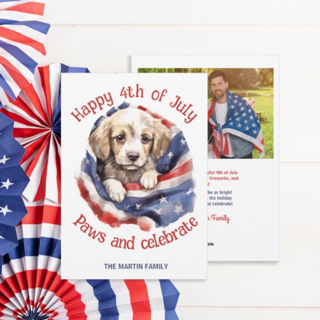 Cartão De Festividades Saudação Fotográfica de 4 de julho (4th of July American flag and puppy photo greeting card for friends and family)