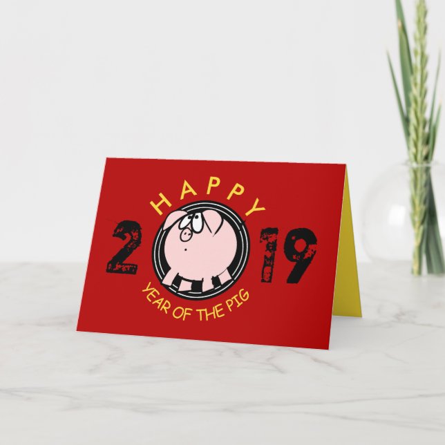 Cartão De Festividades Saudação personalizada do Ano de Porco 2019, de 4  (Frente)