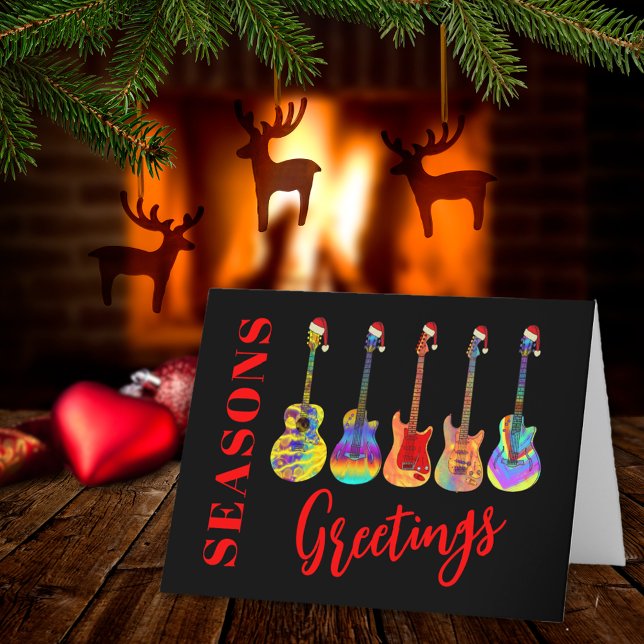 Cartão De Festividades Saudações aos Guitarras Coloridos (Music themed Christmas guitars seasons greetings red and black personalized holiday card)