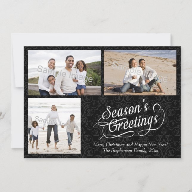 Cartão De Festividades Saudações da Estação do Damasco Negro e Branco (Frente)