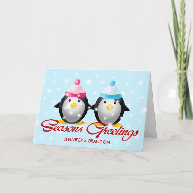 Cartão De Festividades Saudações da Estação Familiar dos Pinguins (Casal) (Frente)