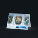 Cartão De Festividades Saudações da temporada. Cena de Neve com Menorah<br><div class="desc">Feliz Hanukkah,  Feliz Natal,  Feliz ano novo,  Saudações de Season. Cena de Neve com Cartões de Saudação personalizáveis da Pintura de Menorah. Cartões e presentes disponíveis nas Férias Judaicas | Hanukkah Categoria da nossa loja.</div>
