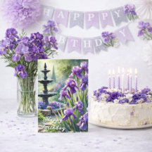 Saudações de Aniversário com Lírios Roxos ou Prima