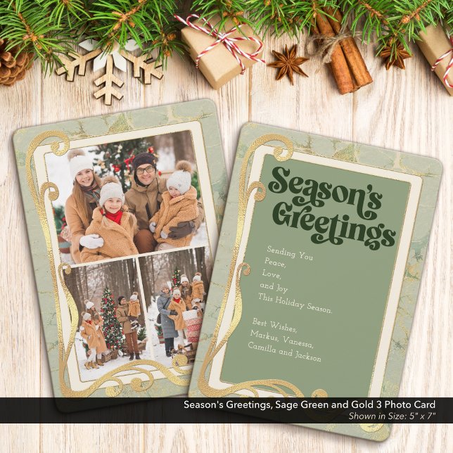 Cartão De Festividades Saudações de Fim de Ano Verde Sage e Dourado 3 Car (Merry Christmas, Sage Green and Gold Holiday Three (3) Photo Greeting Card)