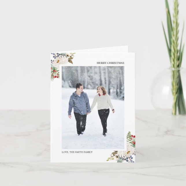 Cartão De Festividades Saudações de Holly Berries & Floral 2 Foto (Frente)