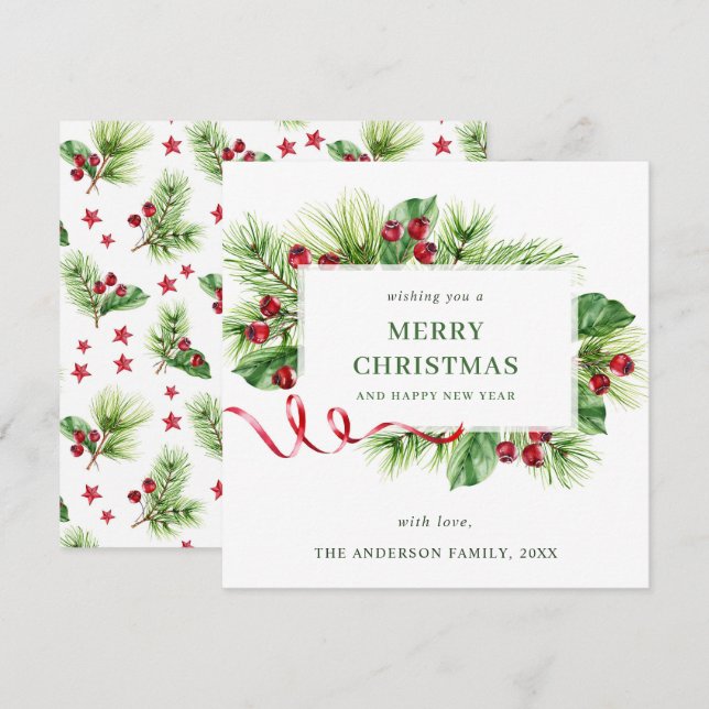 Cartão De Festividades Saudações de Natal Festivas de Azevinho e Frutas (Frente/Verso)