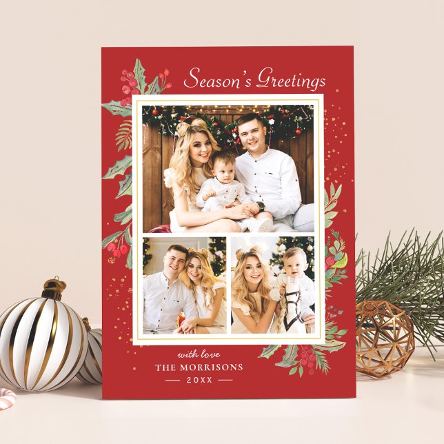 Cartão De Festividades Saudações de Natal Holly Berries 3 Foto (Criador carregado)