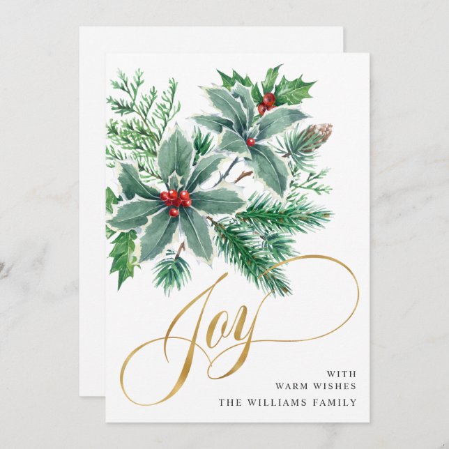 Cartão De Festividades Saudações de Natal JOY Holly Berry Branch (Frente/Verso)