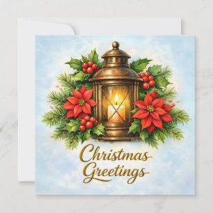 Cartão De Festividades Saudações de Natal Lanterna Vintage, Poinsettia
