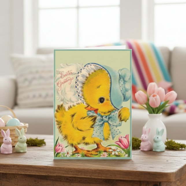 Cartão De Festividades Saudações de Páscoa personalizadas com frango de b (Vintage Retro Baby Chick Easter Greetings Custom Holiday Card)