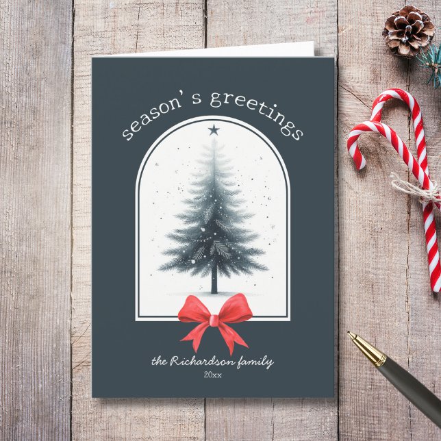 Cartão De Festividades Saudações do Elegante Árvore de Natal (sweet rustic vintage red bow evergreen christmas tree seasons greetings custom holiday card)