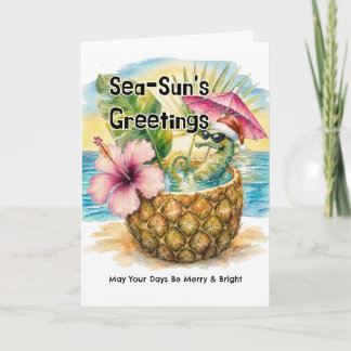 Cartão De Festividades Saudações do Mar-Sol Cavalo-Marinho Natal Tropical