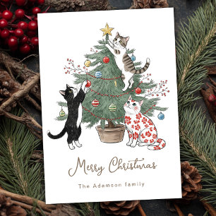 Cartão De Festividades Saudações engraçadas e peculiares de gatos em árvo
