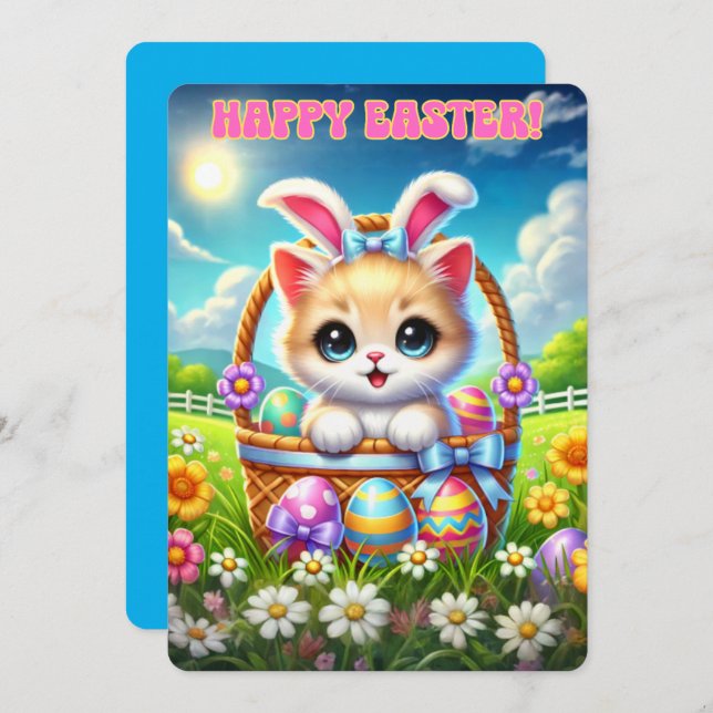 Cartão De Festividades Saudações Puro à Páscoa Kitten Basket (Frente/Verso)
