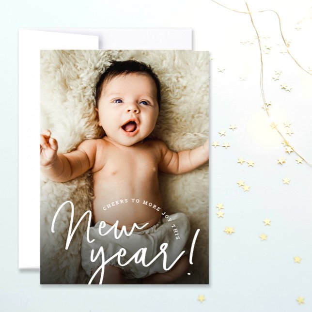 Cartão De Festividades Saúde a um feliz nascimento de uma foto de bebê de (Cheers to joy this New year baby photo birth announcement greeting card.)