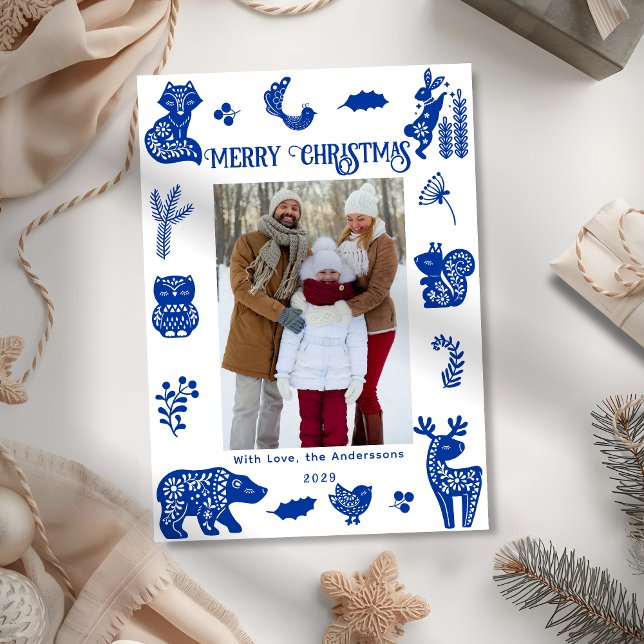 Cartão De Festividades Scandi Folk Art Forest Woodland Animals Bird Photo (Criador carregado)