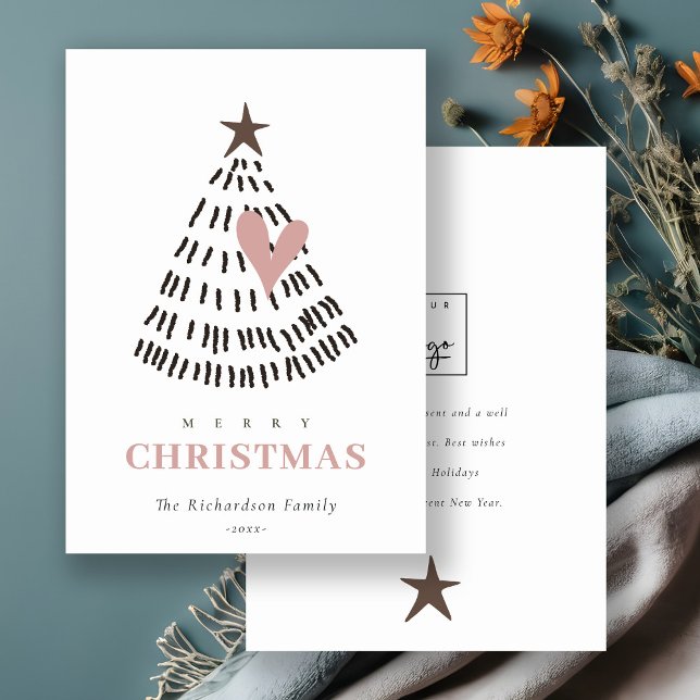Cartão De Festividades Scandi Minimal Blush Heart Christmas Tree Logo (Criador carregado)