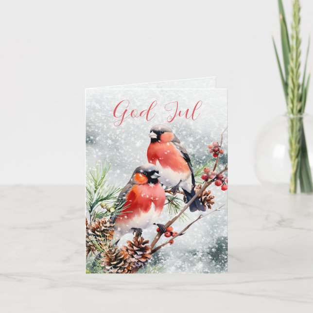 Cartão De Festividades Scandi Norueguês Jul Julefugl Kottar Röda Bär (Frente)