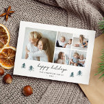 Cartão De Festividades Scandi Trees | Modern Minimalist Photo Collage<br><div class="desc">A modern yet festive holiday card design with minimalist vibes,  our Scandi Trees photo collage card features 5 square photos with "Happy Holidays" beneath in hand sketched script lettering. Personalize with your family name and the year,  nestled in a grouping of hand drawn pine trees in spruce green.</div>