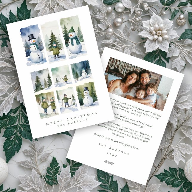 Cartão De Festividades Scandinavian Winter Scene Snowmen Snowy Forest (Christmas Scandinavian Style Winter Scenes Snowmen and Snowy Forest Landscape Holiday Cards.)