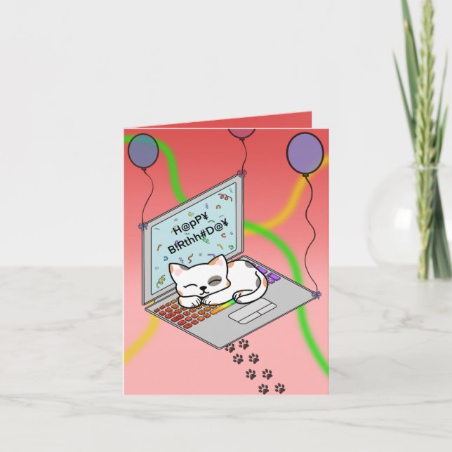 Cartão De Festividades Schattige kat op laptop met slingers verjaardags (Frente)