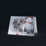 Cartão De Festividades Schnauzer Pups and Snowman Dog Art Christmas Card<br><div class="desc">This greeting card features a reproduction of my original oil painting of schnauzer pups and snowman.</div>