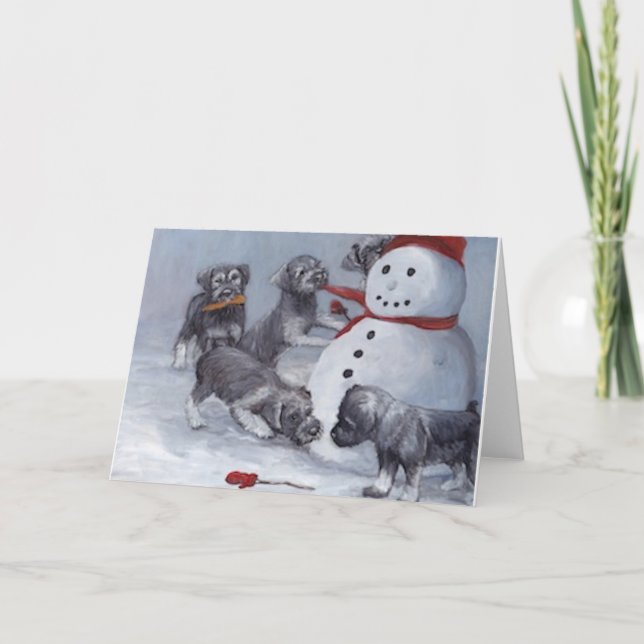 Cartão De Festividades Schnauzer Pups and Snowman Dog Art Christmas Card (Frente)