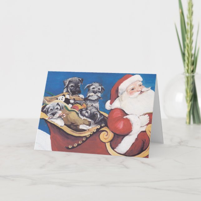 Cartão De Festividades Schnauzer Pups Santa Dog Art Christmas Card (Frente)