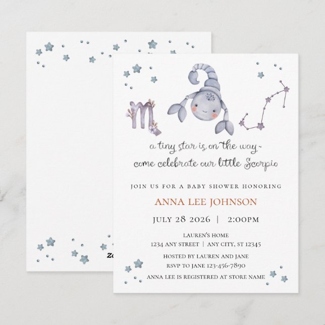 Cartão De Festividades Scorpio Zodiac Baby Shower Invitation (Frente/Verso)