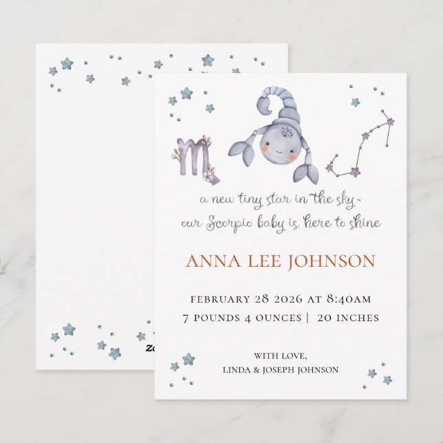 Cartão De Festividades Scorpio Zodiac Birth Announcement (Frente/Verso)
