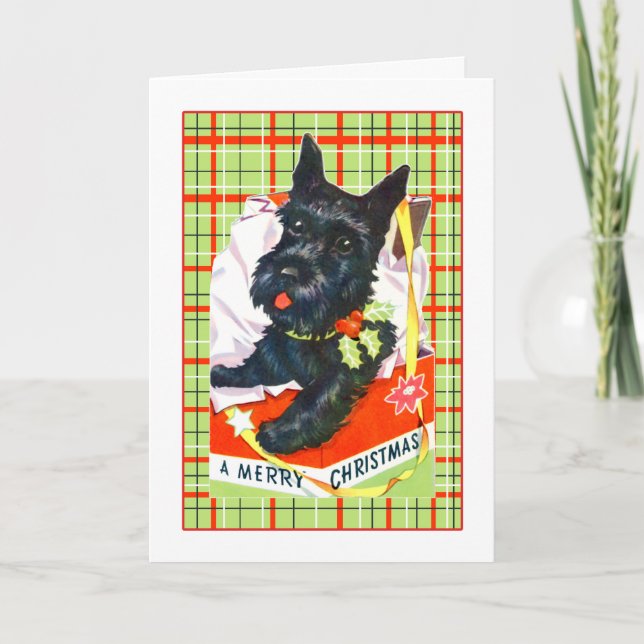 Cartão De Festividades Scottie Dog Merry Christmas Card with plaid (Frente)