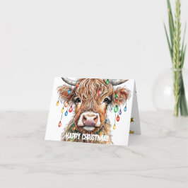 Cartão De Festividades Scottish Highland Cow Christmas Lights